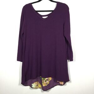 Le Lis Purple Floral Artsy Lagenlook Oversized Artsy V Neck Long Sleeve Top L